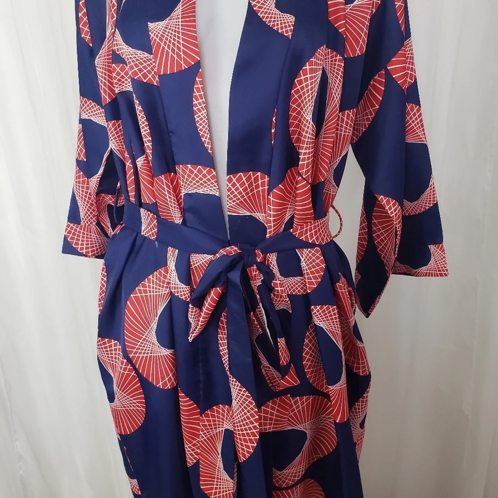 Vintage B. Cohen for Saks Fifth Avenue kimono robe blue red geometric pattern - Picture 3 of 13